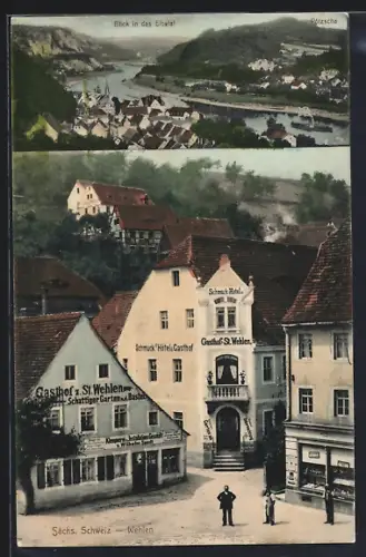 AK Wehlen /Sächs. Schweiz, Gasthof z. St. Wehlen u. Hotel Schmuck, Blick in das Elbetal