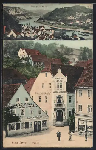 AK Wehlen / Sächs. Schweiz, Gasthof und Hotel zu St. Wehlen, Ortspartie, Blick in das Elbetal