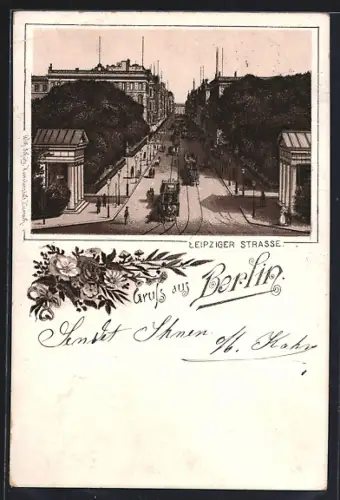 Lithographie Berlin, Leipzigerstrasse mit Pferdebahnen