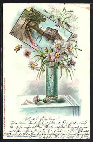 Passepartout-Lithographie Berlin-Tiergarten, Moabiter-Brücke, Blumenvase, Schmetterling