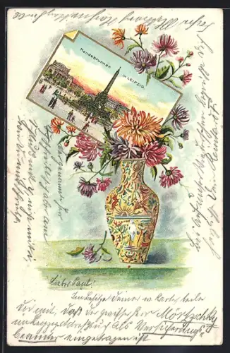 Lithographie Leipzig, Mendebrunnen, Vase mit Crysanthemen