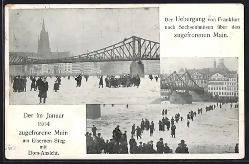 AK Alt-Frankfurt, Zugefrorener Main am Eisernen Steg mit Domansicht