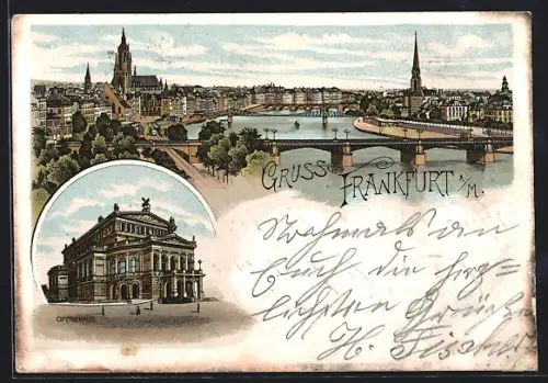Lithographie Frankfurt /Main, Opernhaus, Gesamtansicht