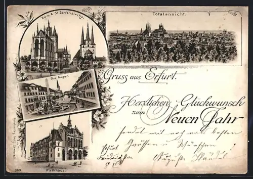 Lithographie Erfurt, Dom & Serverikirche, Anger, Rathaus, Neujahrsgruss