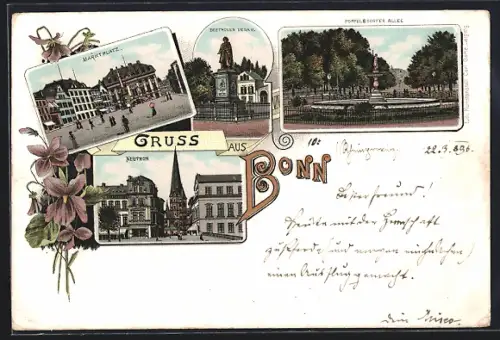 Lithographie Bonn, Marktplatz, Neuthor, Poppelsdorfer Allee