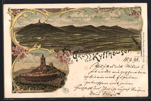 Lithographie Kyffhäuser, Totale mit Sittendorf, Kaiser Wilhelm-Denkmal