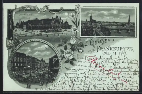 Lithographie Frankfurt a. M., Hauptbahnhof, Flusspartie mit Brücke, Marktplatz