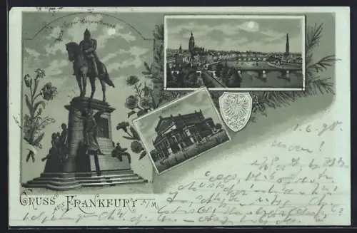 Mondschein-Lithographie Frankfurt a. M., Teilansicht, Opernhaus, Kaiser Wilhelm-Denkmal