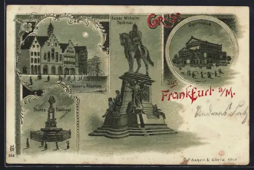 Mondschein-Lithographie Frankfurt a. M., Römer und Römerberg, Opernhaus, Kaiser Wilhelm-Denkmal