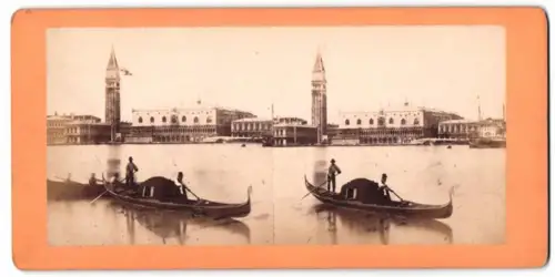 Stereo-Fotografie unbekannter Fotograf, Ansicht Venedig, Gondoleri mit Blick zur Stadt