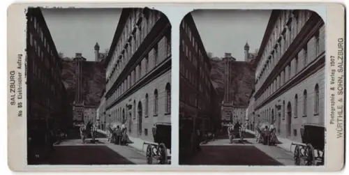Stereo-Fotografie Würthle & Sohn, Salzburg, Ansicht Salzburg, Strassenpartie mit Blick zum elektrischen Aufzug