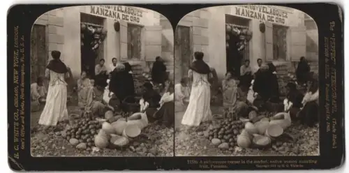 Stereo-Fotografie H. C. White & Co., New York, Ansicht Panama City, Frauen sortieren Obst auf dem Marktplatz