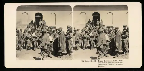 Stereo-Fotografie NPG, verwundete deutsche und österr. - ungarische K.u.K. Truppen vor einem Lazarett im Weltkrieg