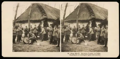 Stereo-Fotografie NPG, deutsche Soldaten als Hauskapelle mit selbstgefertigten Instrumenten, Weltkrieg 1914-1915