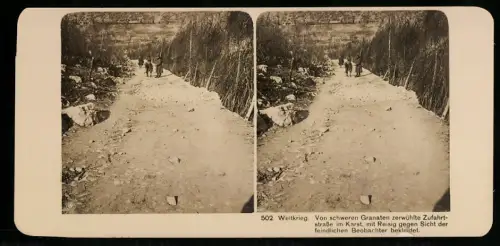Stereo-Fotografie NPG, von schweren Granaten zerwühlte Zufahrtsstrasse im Karst, mit Reisig vor Beobachtung geschützt