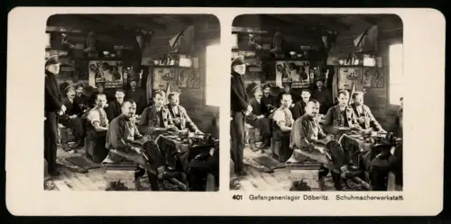 Stereo-Fotografie NPG, Gefangenenlager Döberitz, POW / Kriegsgefangene in der Schuhmacherwerkstatt