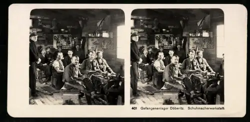 Stereo-Fotografie NPG, Schuhmacherwerkstatt im Gefangenelager Döberitz mit POW / Kriegsgefangenen