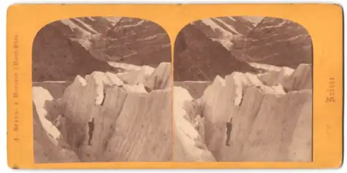 Stereo-Fotografie A. Braun, Dornach, Bergführer Jean-Michel wird aus Gletscherspalte gerettet, Grindelwaldgletscher 1863
