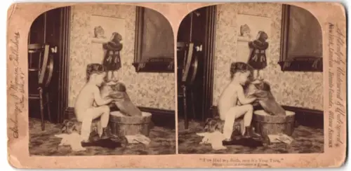Stereo-Fotografie Strohmeyer & Wyman, New York, I`ve had my Bath, now it`s your Turn Mädchen badet mit ihrem Hund