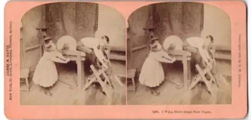 Stereo-Fotografie B. W. Kilburn, Littleton / NH, I will have some new Pants, Knabe reibt seinen Hintern am Schleifstein