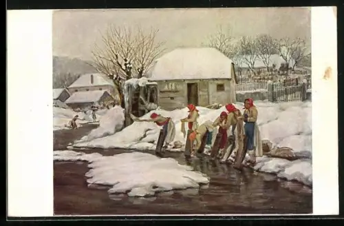 Künstler-AK Zagreb, Waschfrauen am Fluss im Schnee
