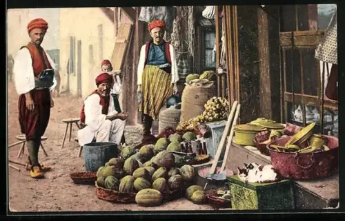 AK Jugoslawische Melonenverkäufer in Tracht auf dem Markt
