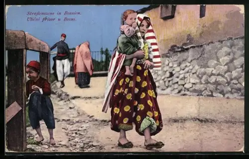AK Bosnien, Strassenszene mit Mutter und Kindern