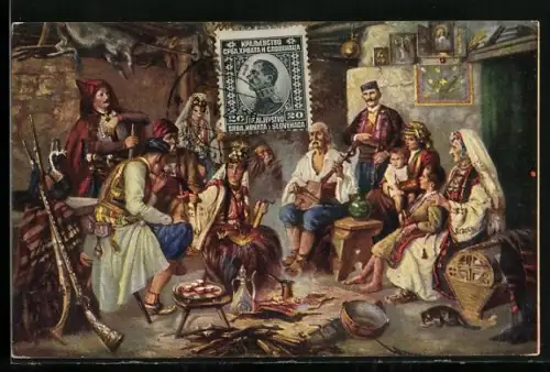 Künstler-AK Jugoslavische Familie im Haus