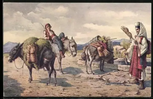 Künstler-AK Dalmatien, Esel an einem Brunnen