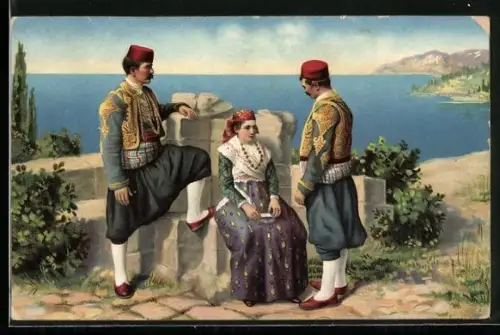 Künstler-AK Zwei Männer und eine Frau in traditioneller Kleidung
