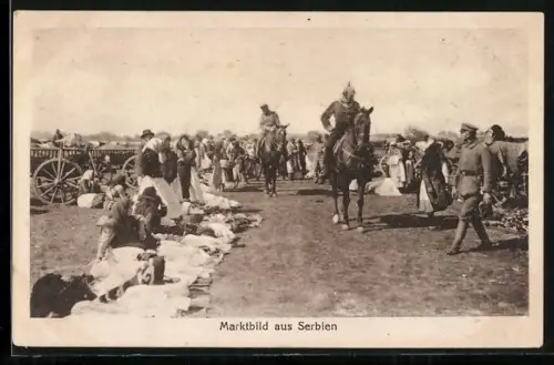 AK Serbien, Partie auf dem Marktplatz mit Soldaten zu Pferd