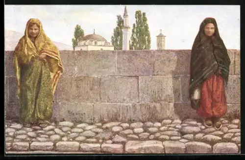 Künstler-AK Bosnierinnen in Tracht an einer Mauer