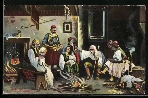 Künstler-AK Serbien, Familie sitzt um ein Feuer, Der Grossvater erzählt