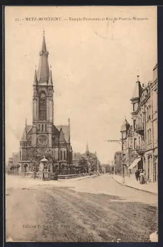 AK Montigny, Temple Protestant et Rue de Pont-à-Mousson