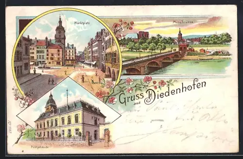 Lithographie Diedenhofen, Marché, Pont sur la Moselle et Poste