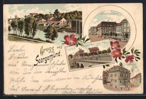 Lithographie Saargemünd, Landgerichtsplatz, Rathaus und Neubrückenstrasse