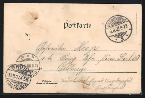 Lithographie Saargemünd, Landgerichtsplatz, Rathaus und Neubrückenstrasse