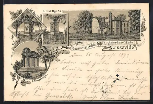 Lithographie Noisseville, Schloss-Ruine Colombey, Inf. Rgt. 45, Inf. Rgt. 41