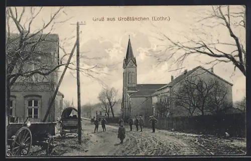 AK Grosstänchen /Lothr., Vue de la rue principale avec église et charrette