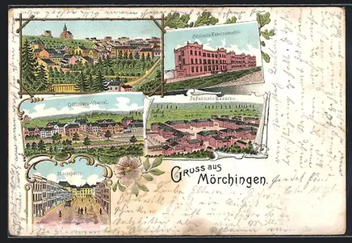 Lithographie Mörchingen, Vue sur la ville avec casernes d`artillerie et d`infanterie, hôtel des officiers
