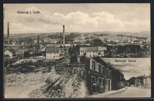AK Heming i. Loth., Vue industrielle et rue avec l`auberge Pierrel