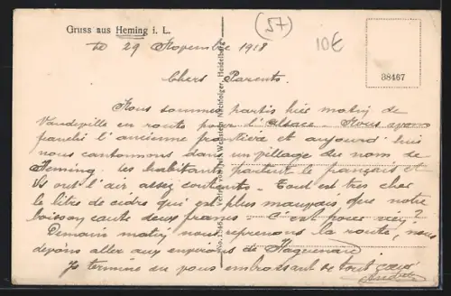 AK Heming i. Loth., Vue industrielle et rue avec l`auberge Pierrel