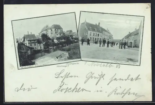 AK Finstingen, Vue de la rivière et scène de rue animée avec habitants