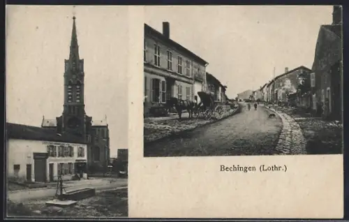 AK Bechingen /Lothr., Vue de l`église et de la rue principale avec charrettes