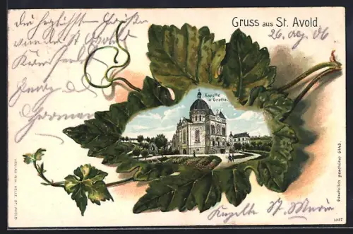 Lithographie Saint-Avold, Chapelle et Grotte entourée de feuilles