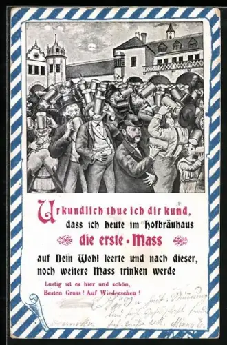 AK München, Urkunde vom Münchner Hofbräuhaus, Dicht zusammenstehende Männer heben ihre Mass
