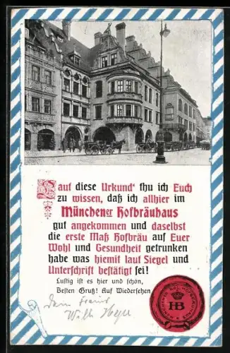 AK München, Urkunde vom Münchner Hofbräuhaus, Strassenpartie mit Pferdekutschen