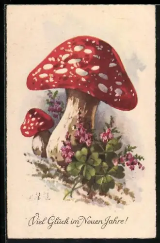 AK Neujahrsgrüsse, Fliegenpilz, vierblättriger Klee und Blümchen