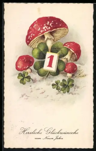 AK Neujahrsgrüsse, Pilze und vierblättriger Klee mit erstem Kalenderblatt