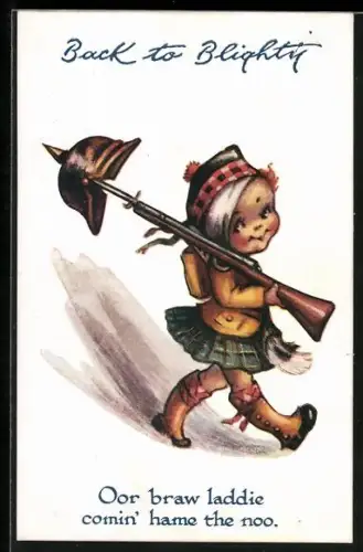 Künstler-AK Back to Blightly, Kind als Soldat in Schottenrock mit Gewehr mit Pickelhaube auf dem Bajonett